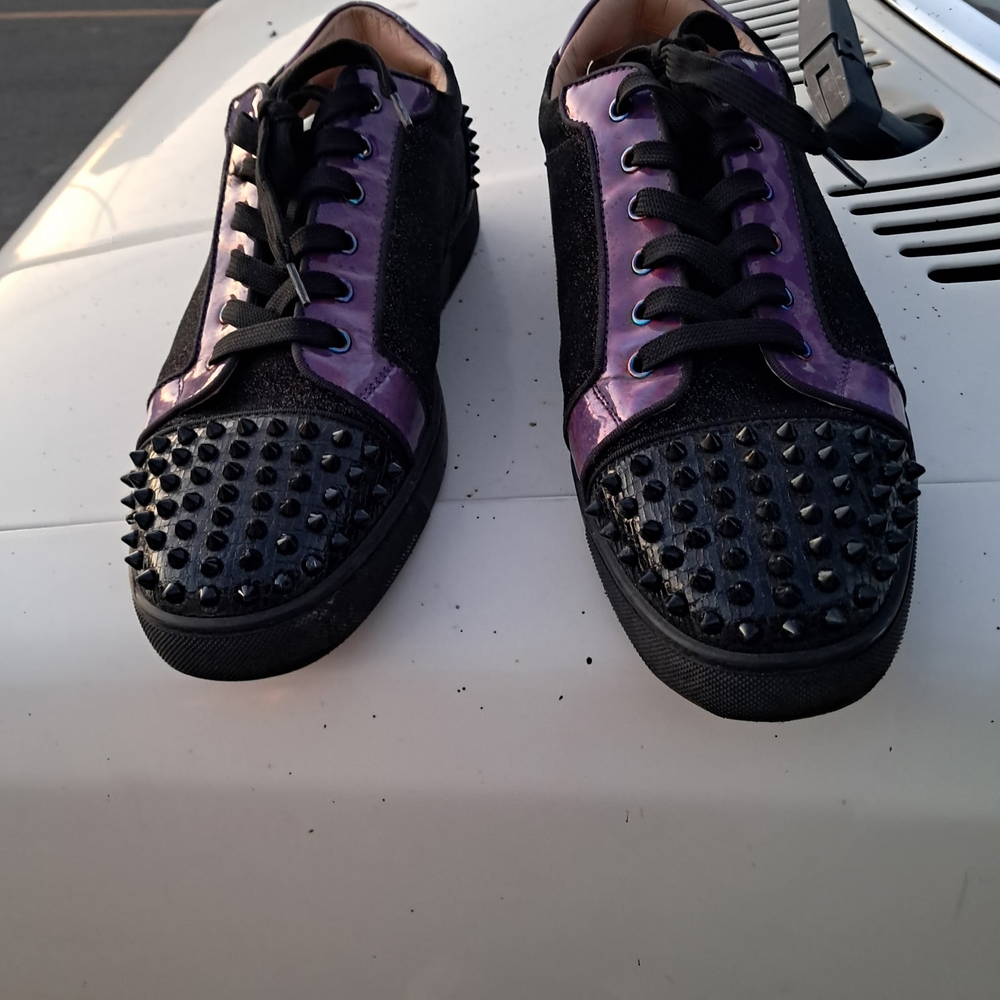 Christian Louboutin Black and Purple Studded Loafers